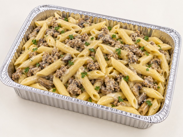 Penne with sausage and mushrooms in creamy white sauce in a half-size aluminum catering tray